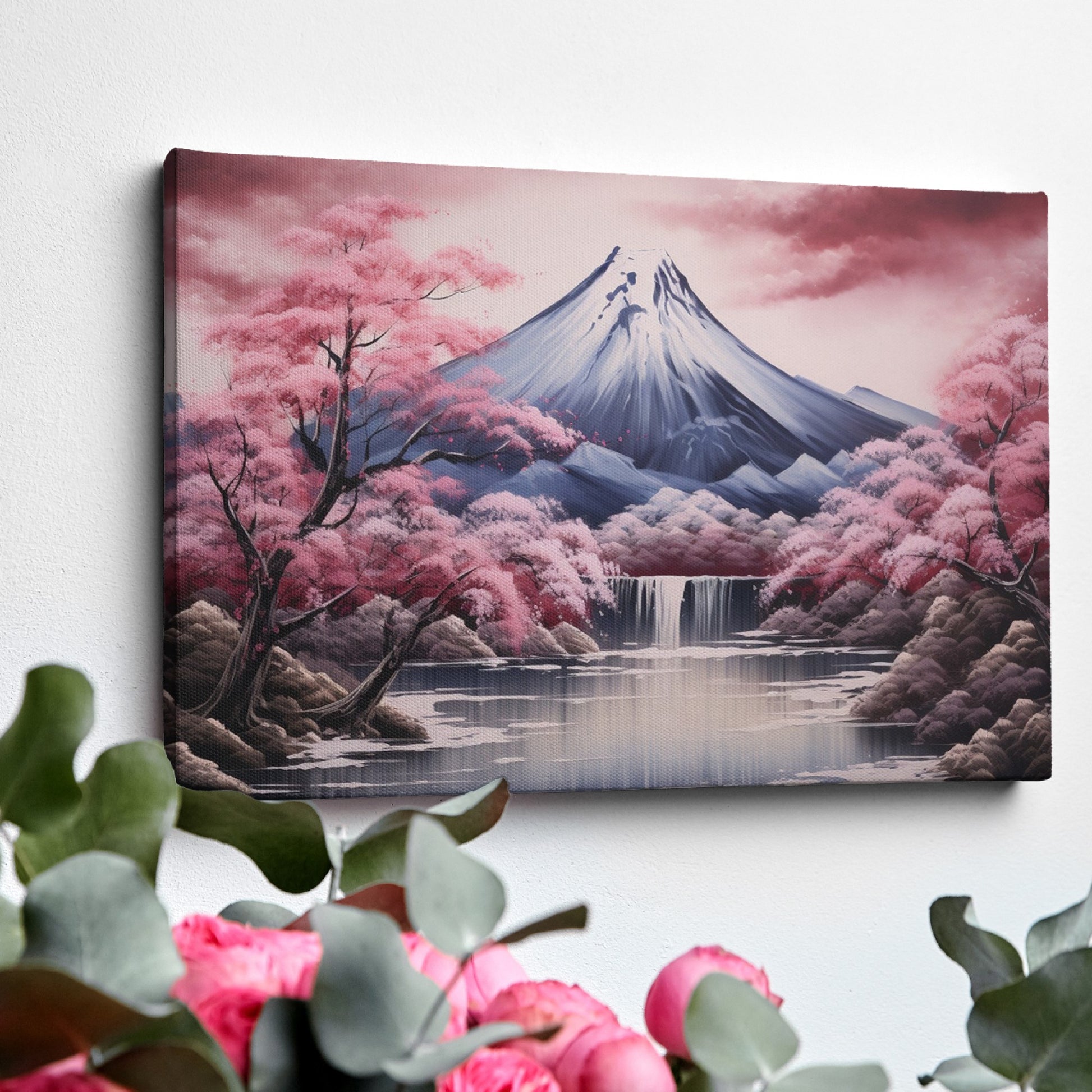 Framed canvas print of Mount Fuji with cherry blossoms and reflective lake