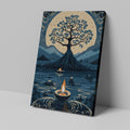 Framed canvas print of a stylised tree against a golden moon with decorative flames and a serene waterscape