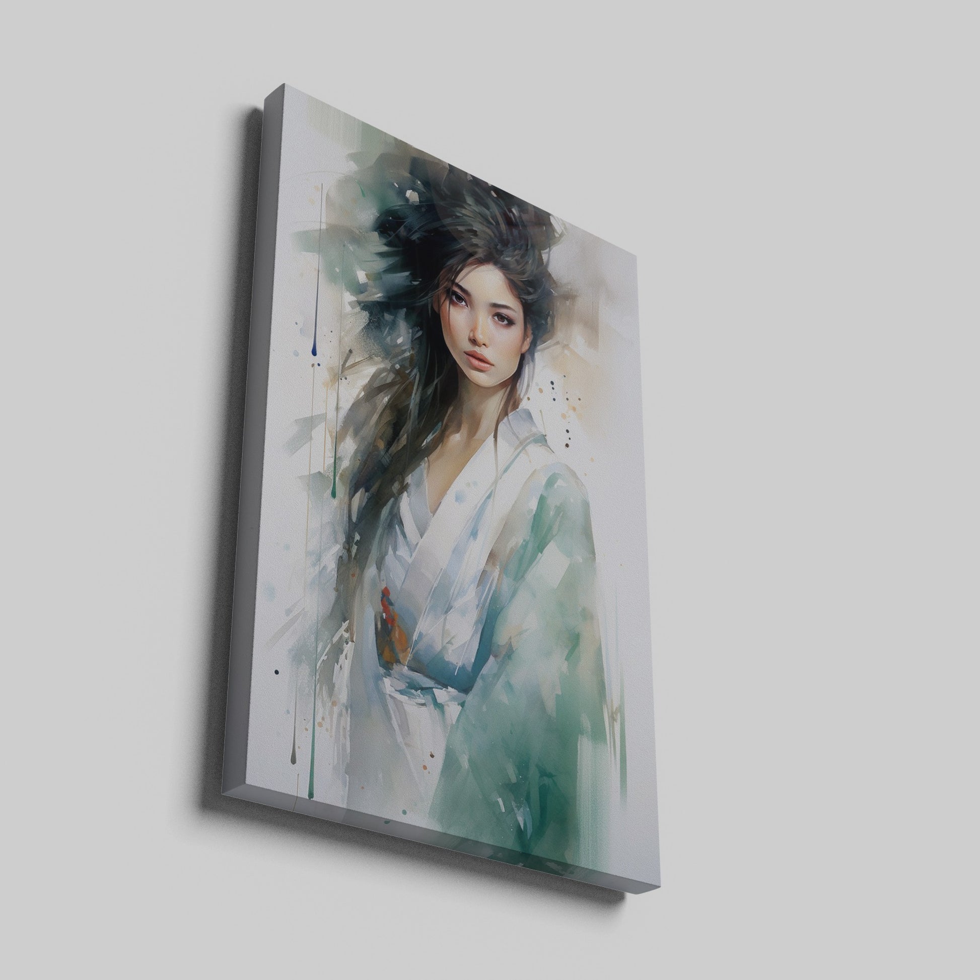 Framed canvas print of an ethereal watercolour portrait of a graceful lady with abstract elements