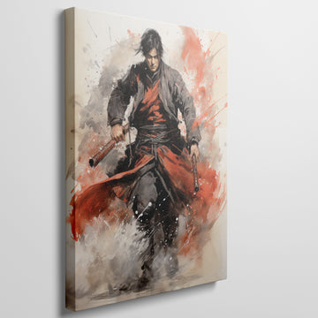 Framed canvas print of dynamic Samurai warrior in action with vibrant splashes of red and bold ink splatters