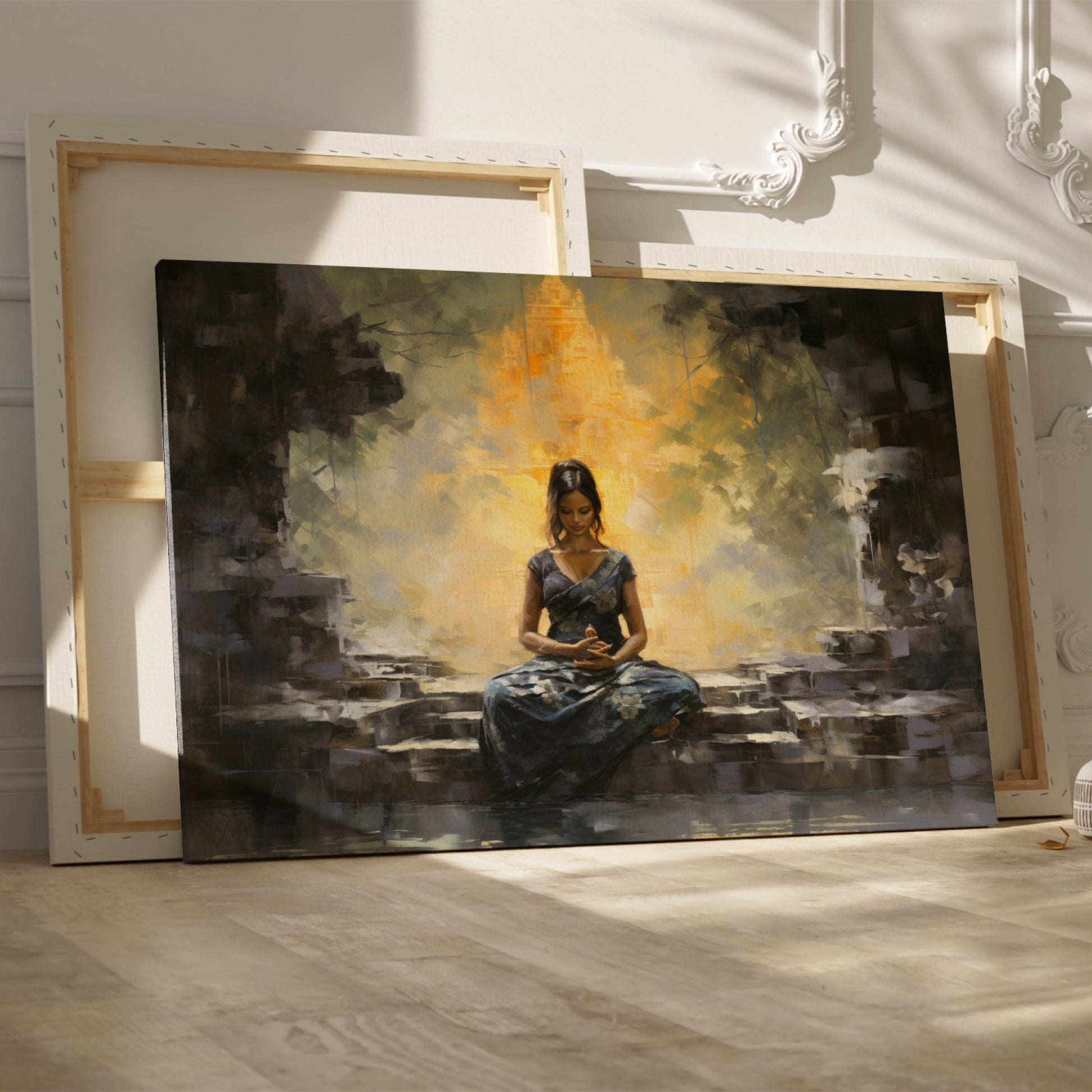 Framed canvas print of a meditative woman at an ancient temple with warm golden hues