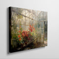 Framed canvas print of a vibrant greenhouse scene with blooming flowers and sunlit warmth