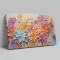 Framed canvas print of vibrant impasto flowers with 3D texture in bright colors