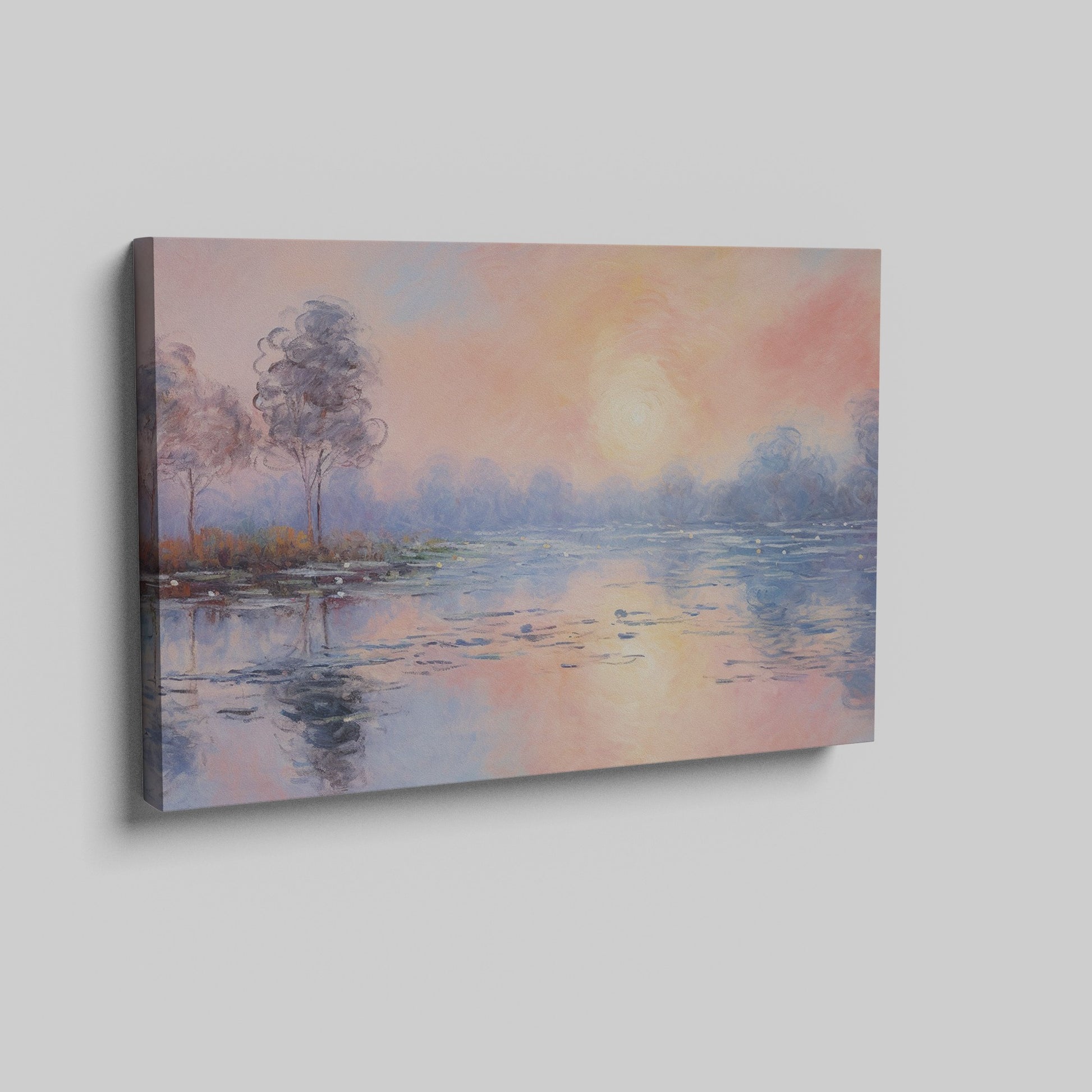 Framed canvas print of an impressionist painting depicting a serene lakeside sunrise with pastel pink and blue hues