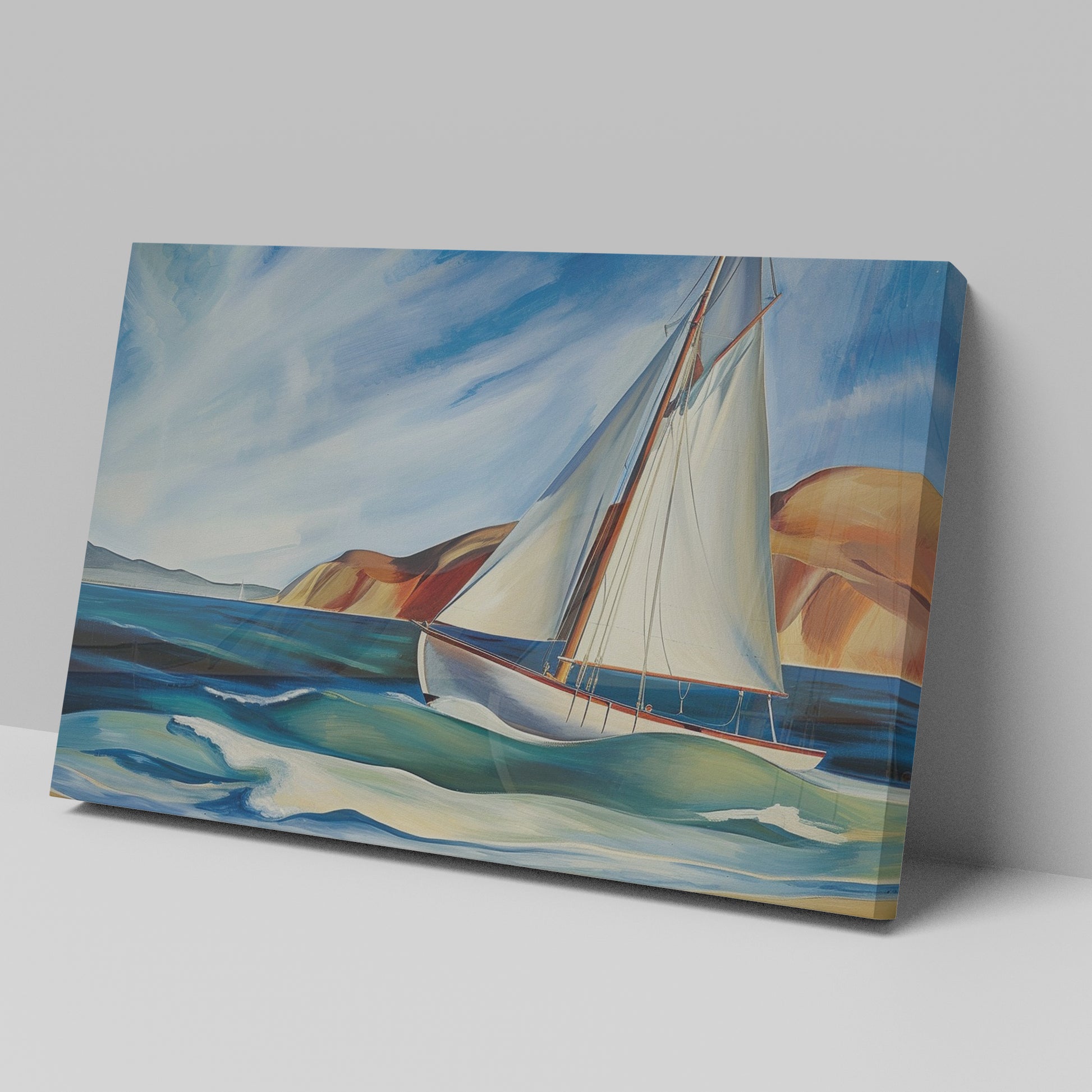 Framed canvas print of a vibrant sailboat sailing near a coastline with blue skies