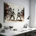 Framed canvas print depicting two karate practitioners in a traditional dojo with red accents