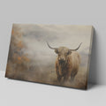 Framed canvas print of a Highland cow in a misty autumnal landscape with warm earthy tones