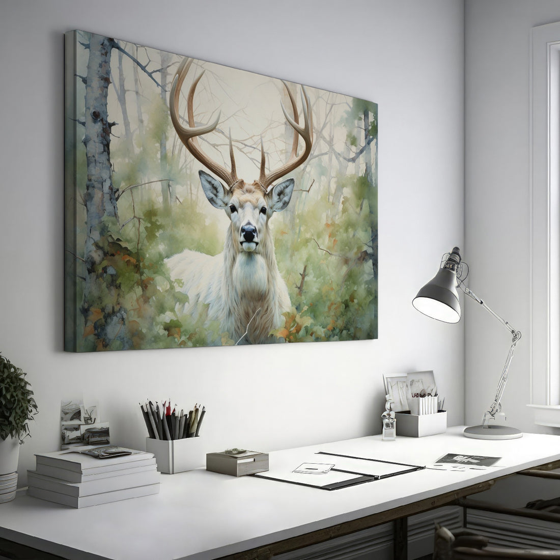 Framed canvas print of a majestic stag with elegant antlers in a tranquil autumn forest scene