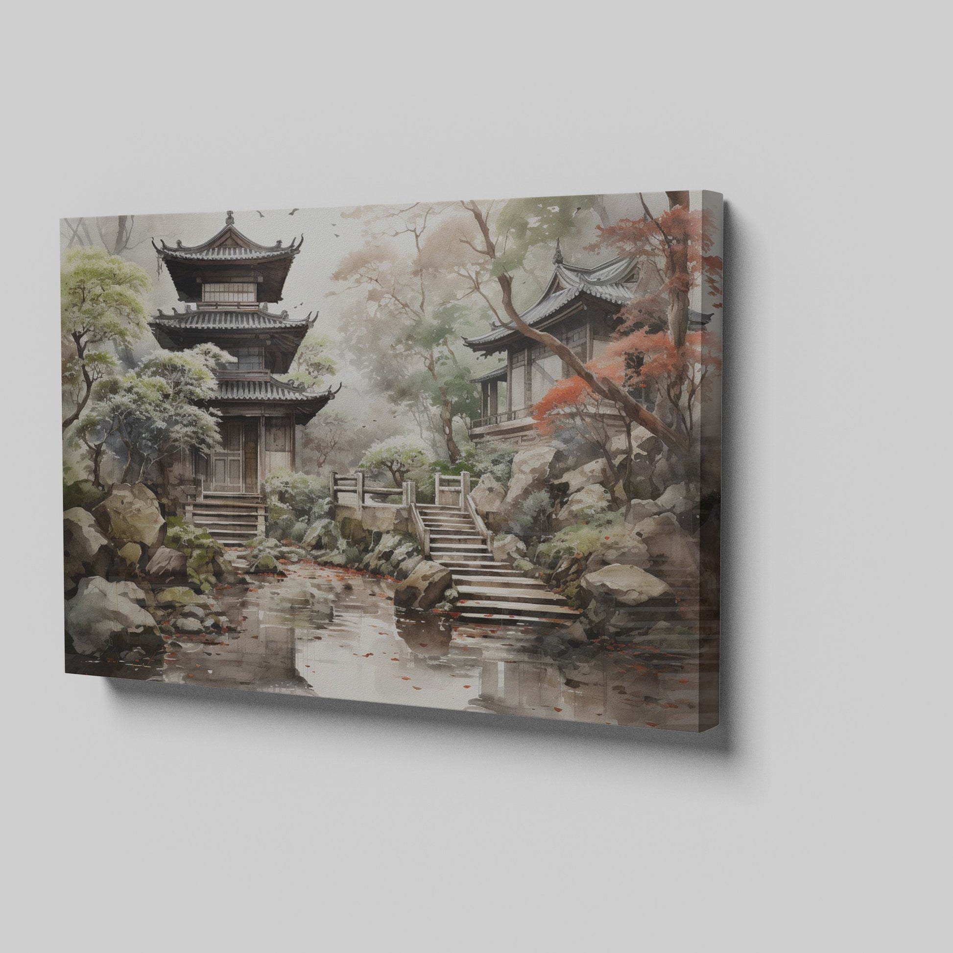 Framed canvas print of a tranquil traditional Asian landscape with a Japanese pagoda and garden