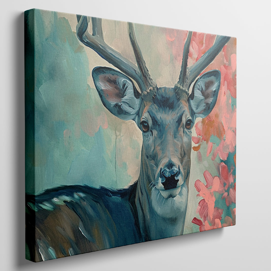 Framed canvas print of an artistic deer portrait with vibrant colours