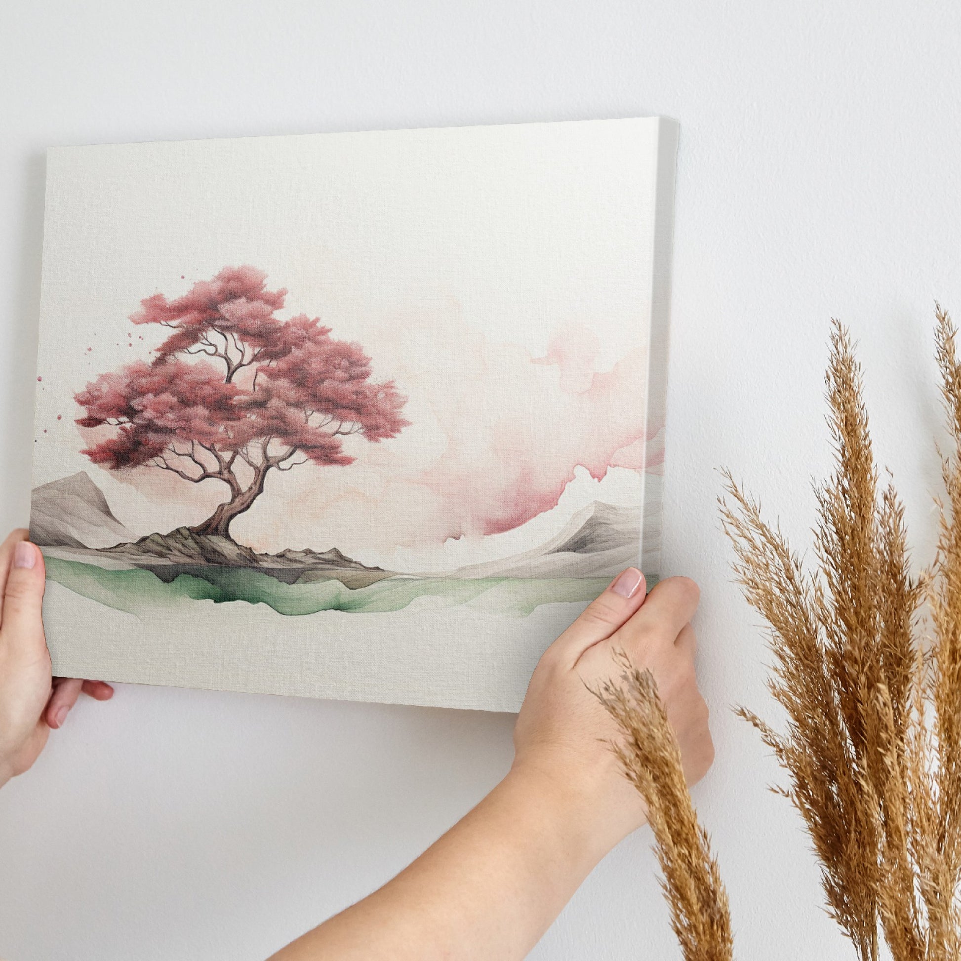 Framed canvas print of a serene ink wash painting featuring a cherry blossom tree and misty landscape