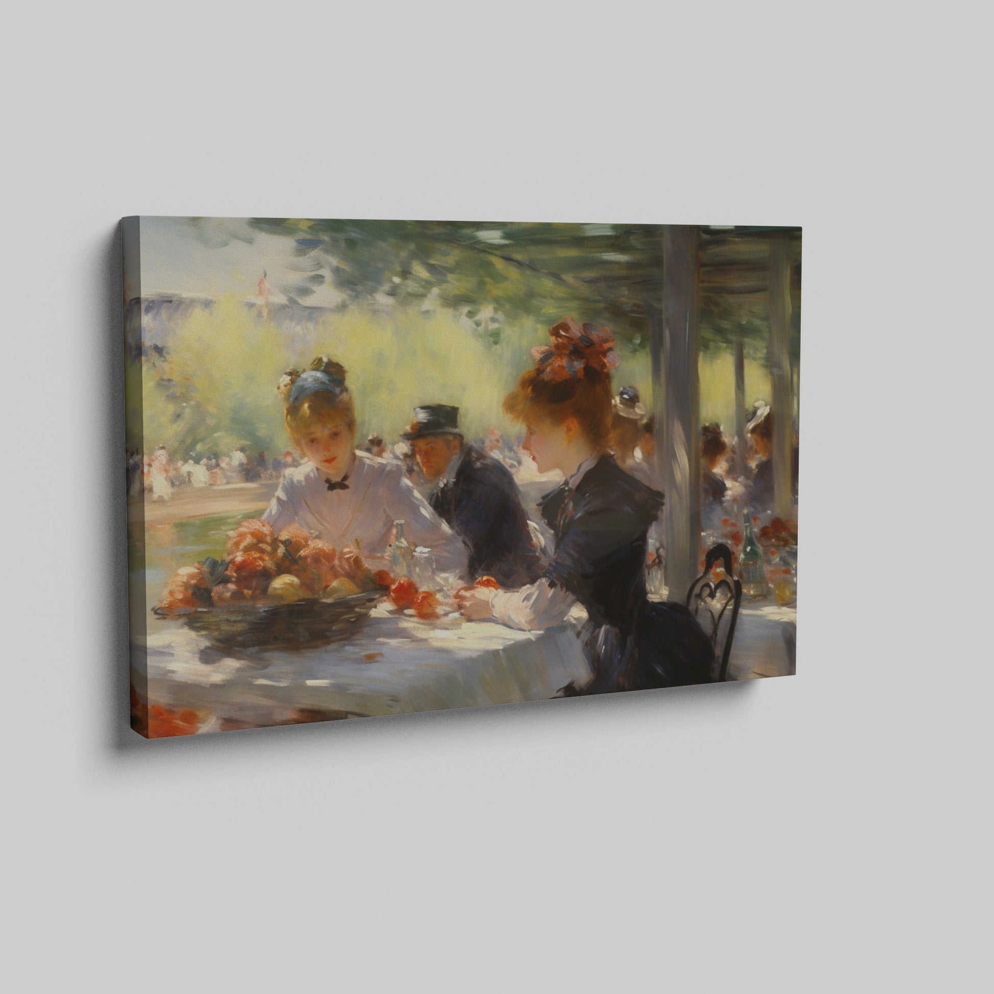 Framed canvas print of a 19th-century Impressionist dining scene with figures in elegant attire.