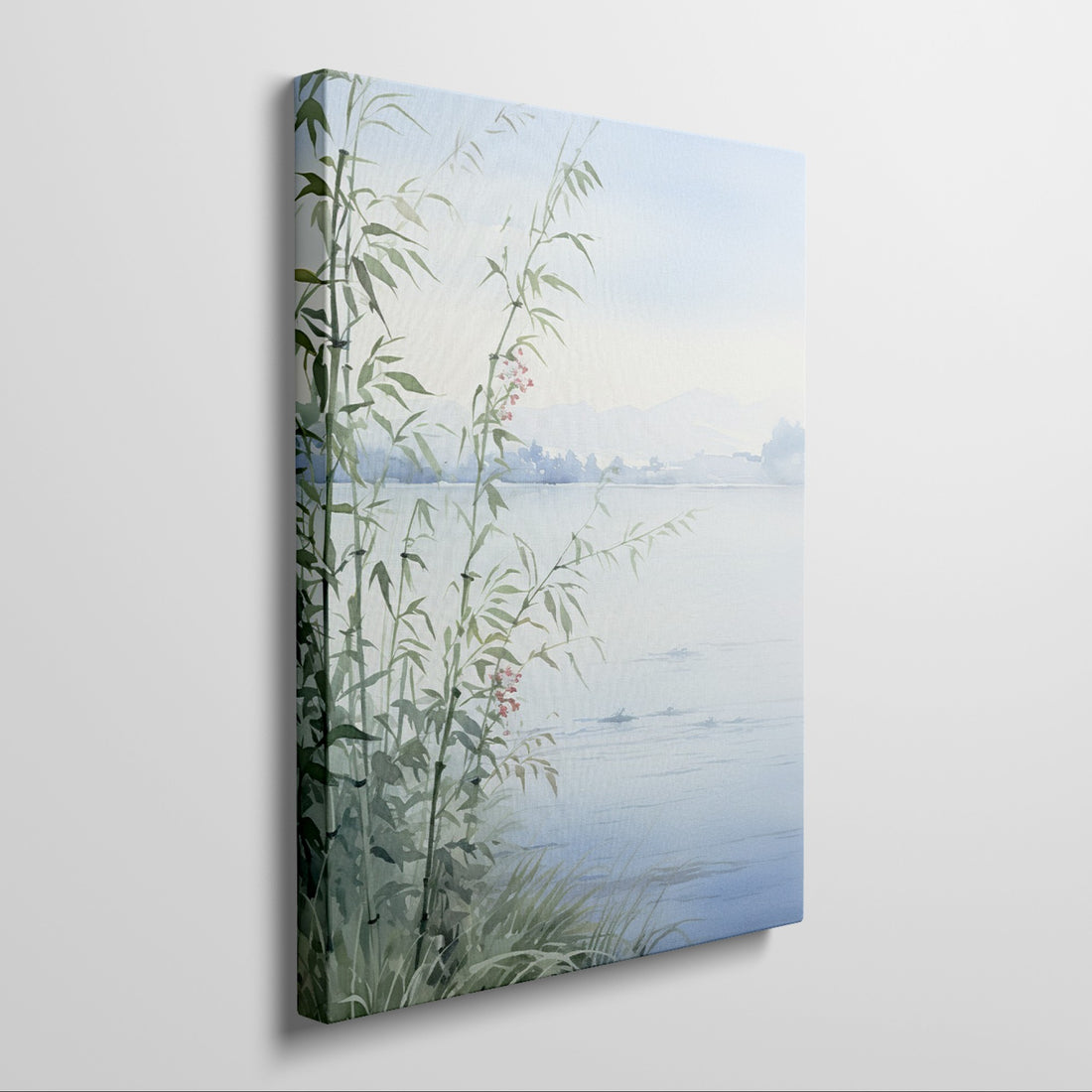 Watercolor painting of a tranquil lake scene with bamboo and subtle flora in the foreground