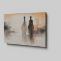 Framed canvas print of silhouette figures in traditional Asian attire with warm sunset backdrop in watercolor style