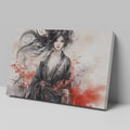 Framed canvas print of an ethereal geisha in ink and watercolour with red splashes