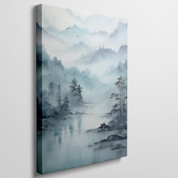 Framed canvas print of a tranquil watercolour landscape with misty blue mountains and serene lake