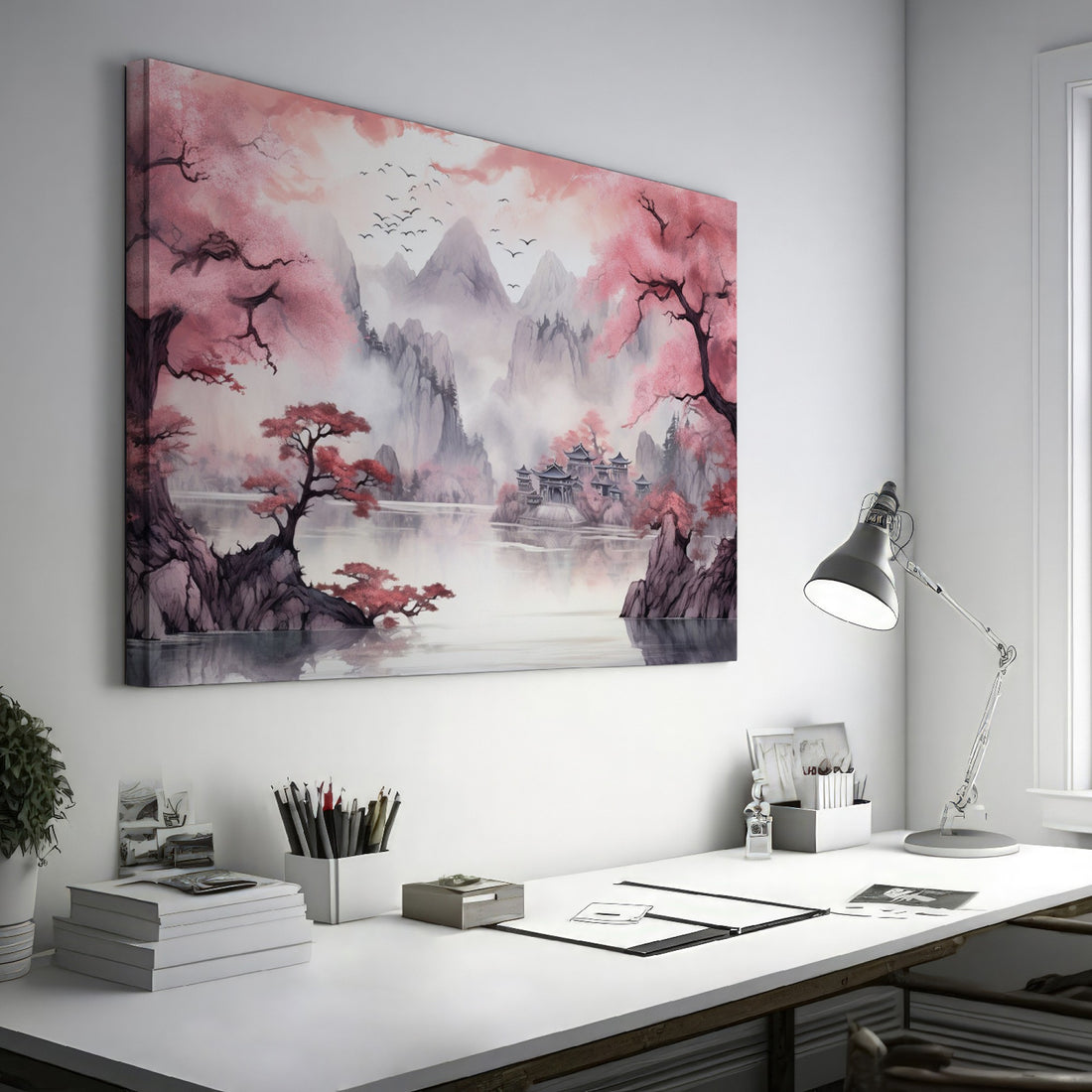 Framed canvas print of Asian landscape with cherry blossoms and misty mountains