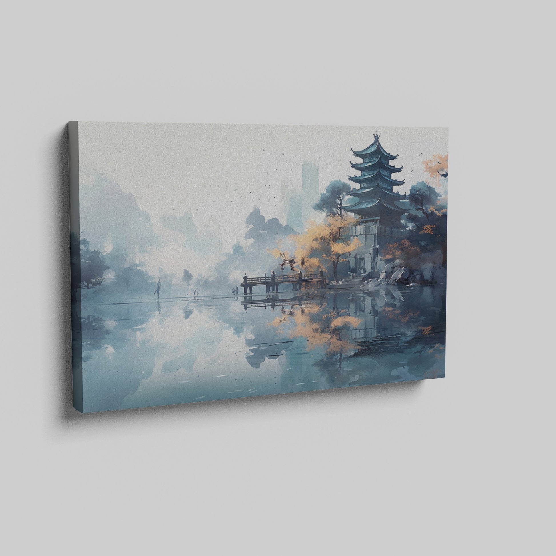 Digital painting of a traditional Eastern pagoda alongside a body of water with autumn trees and distant modern skyscrapers.