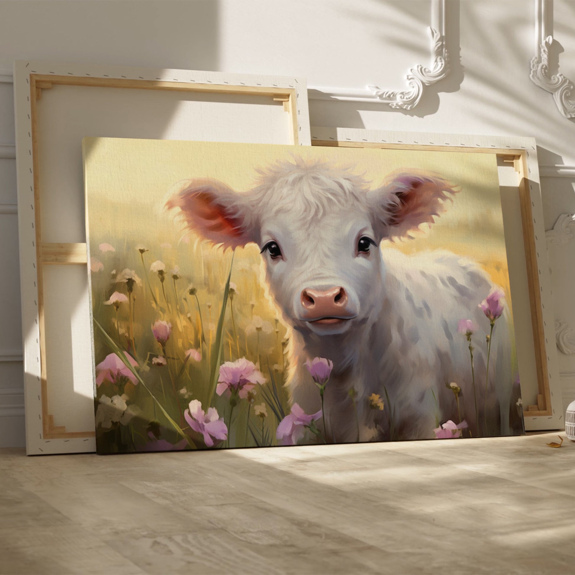 Framed canvas print of a realistic calf in a meadow with pink and yellow flowers