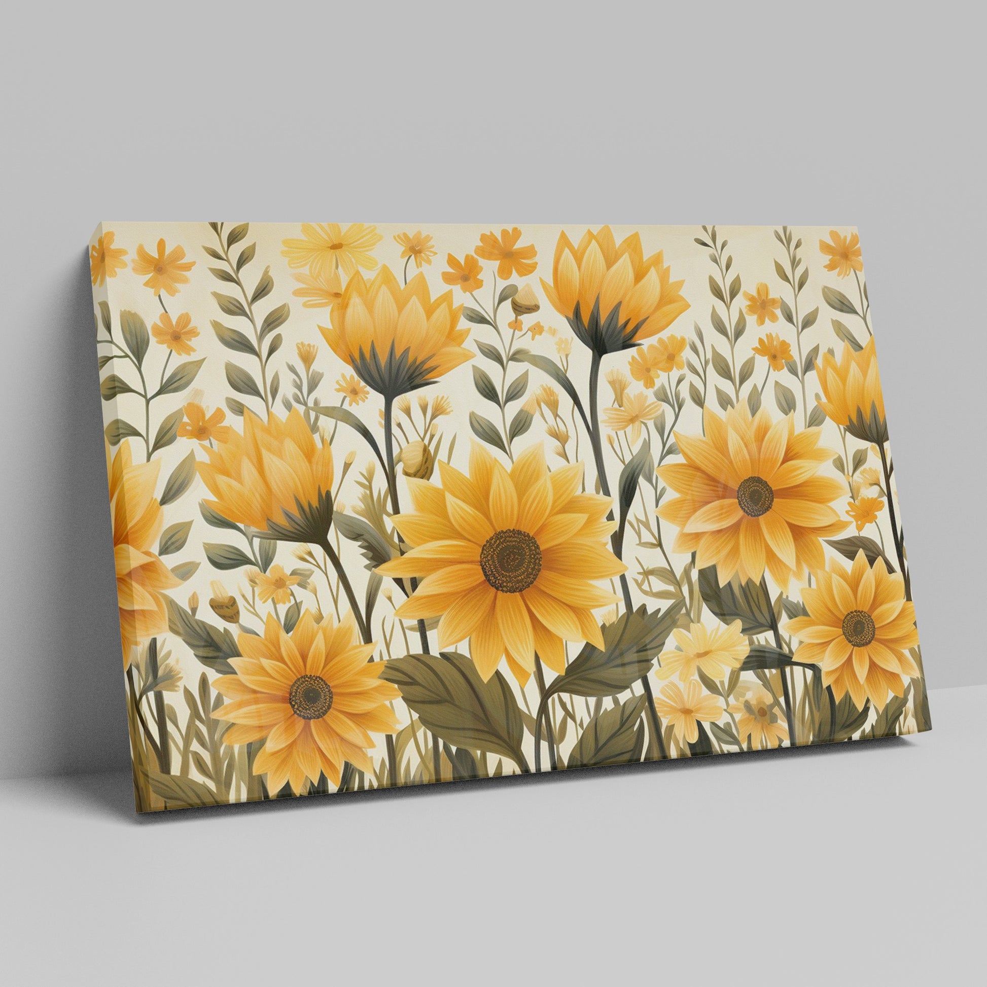 Framed canvas print of golden sunflowers and green foliage on a neutral background