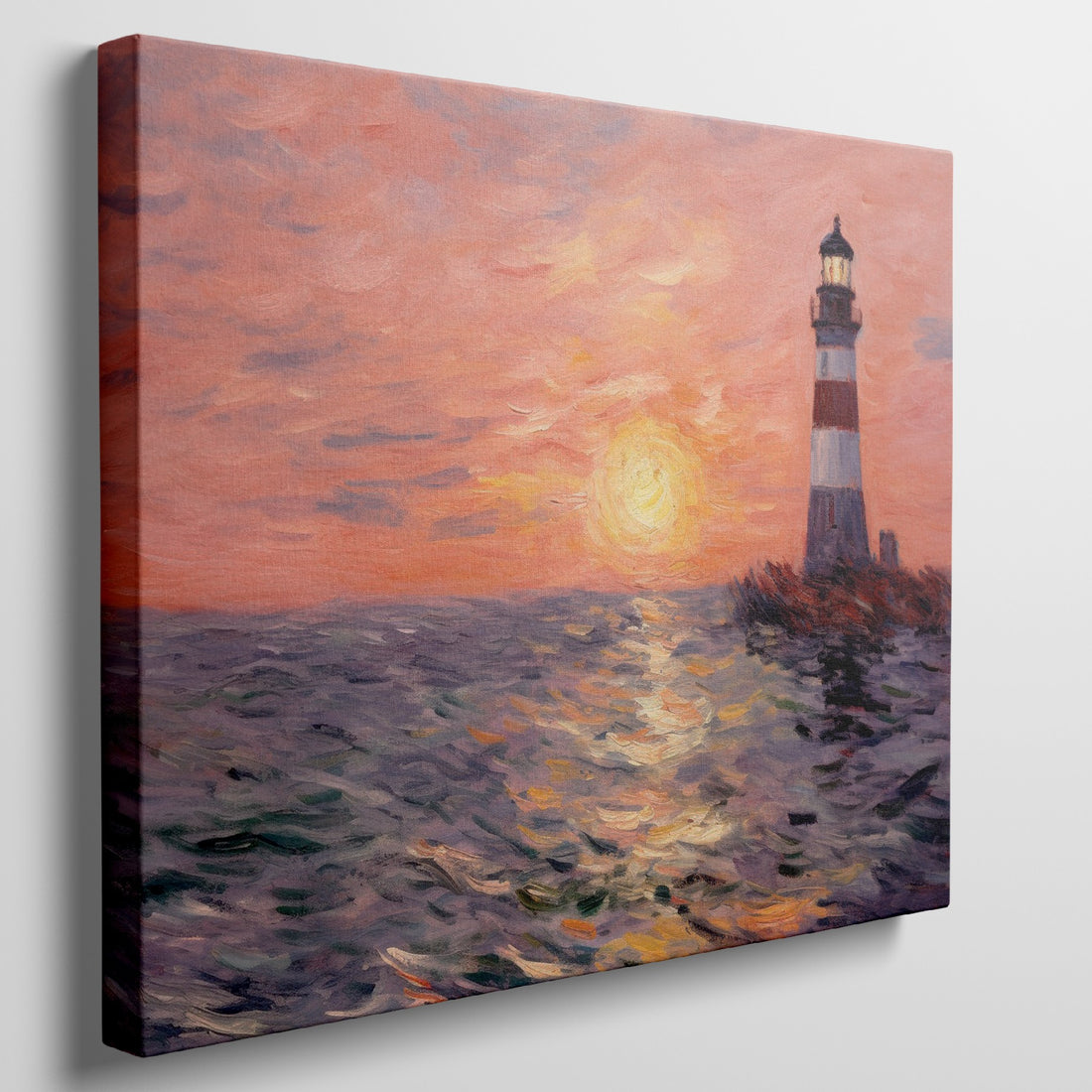 Impressionist painting of a lighthouse at sunset with vivid orange sky and sea