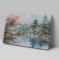 Framed canvas print of a traditional Asian pagoda by a lake with autumn cherry blossoms