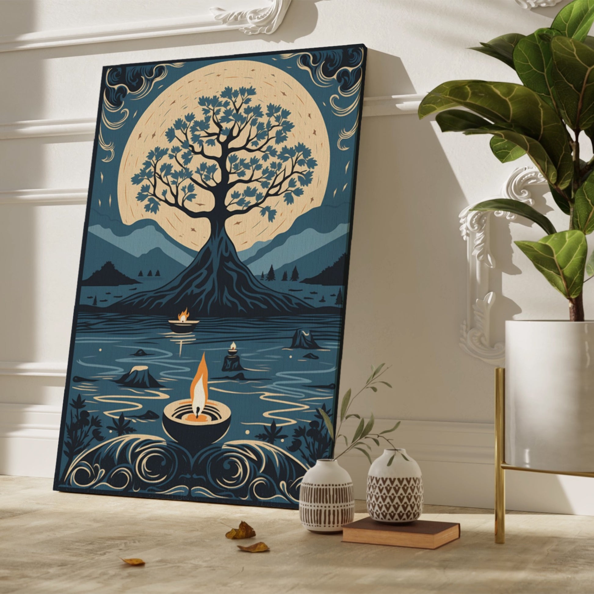 Framed canvas print of a stylised tree against a golden moon with decorative flames and a serene waterscape