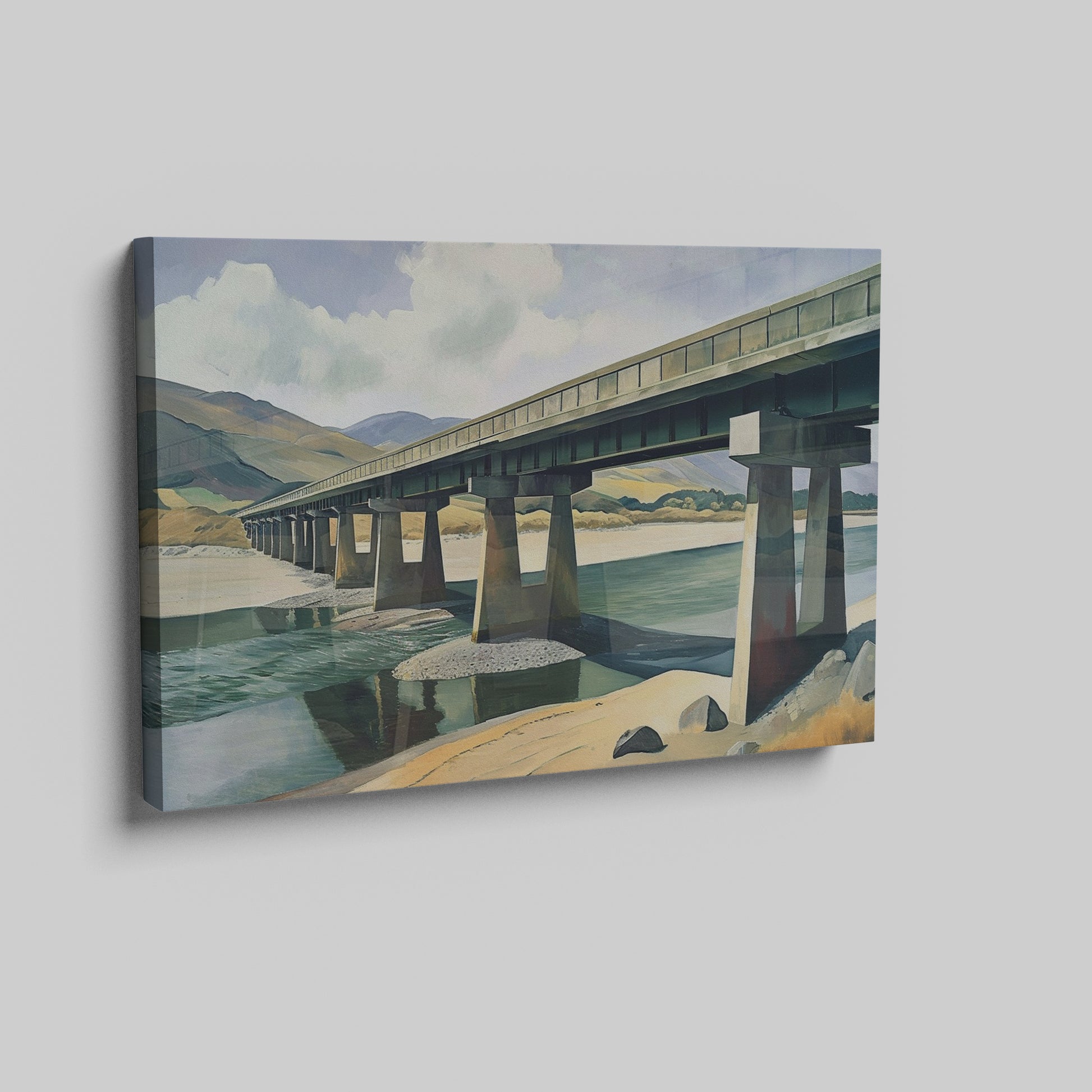 Framed canvas print of a serene countryside bridge over a river with mountain backdrop