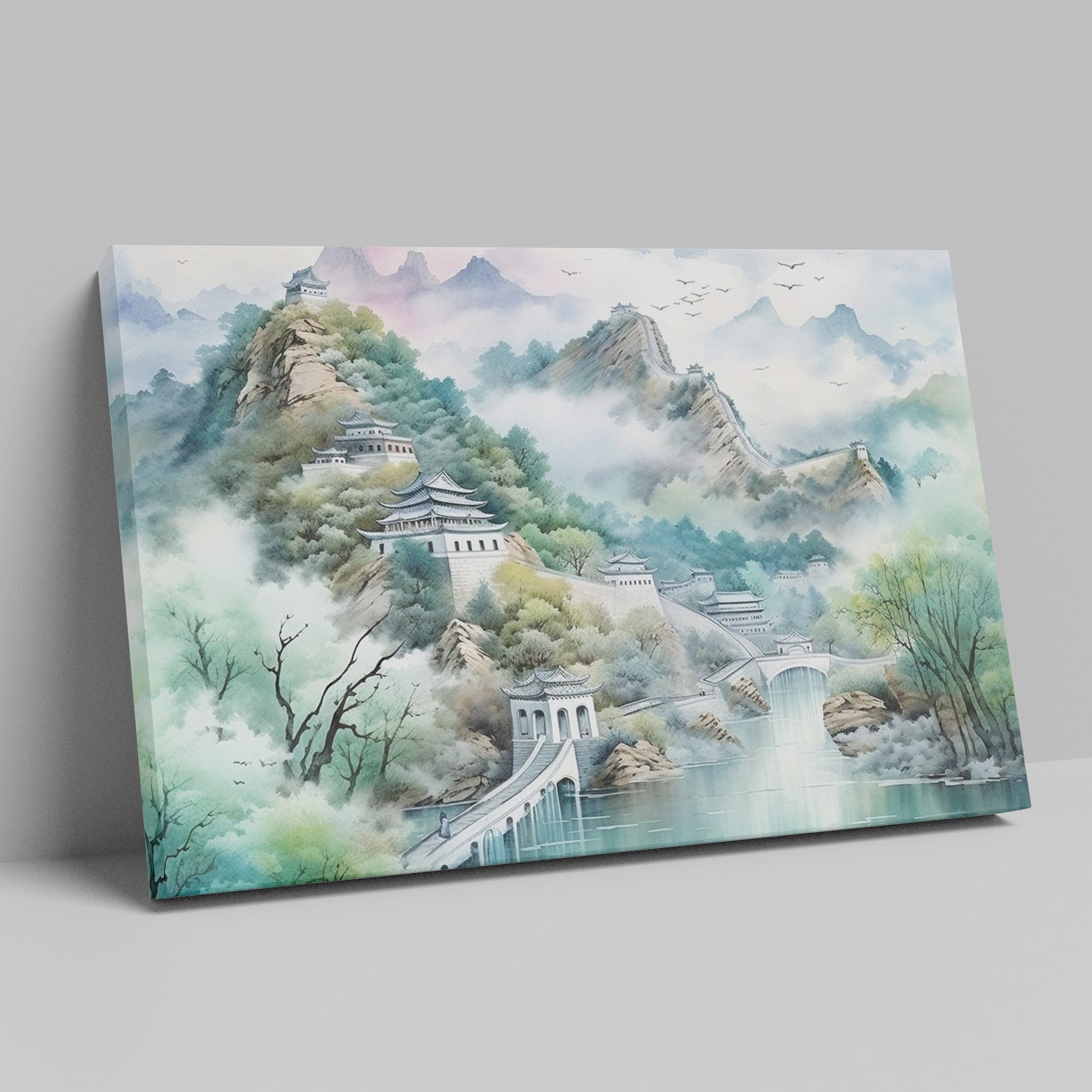 Framed canvas print of a tranquil Chinese landscape with misty mountains and historical architecture