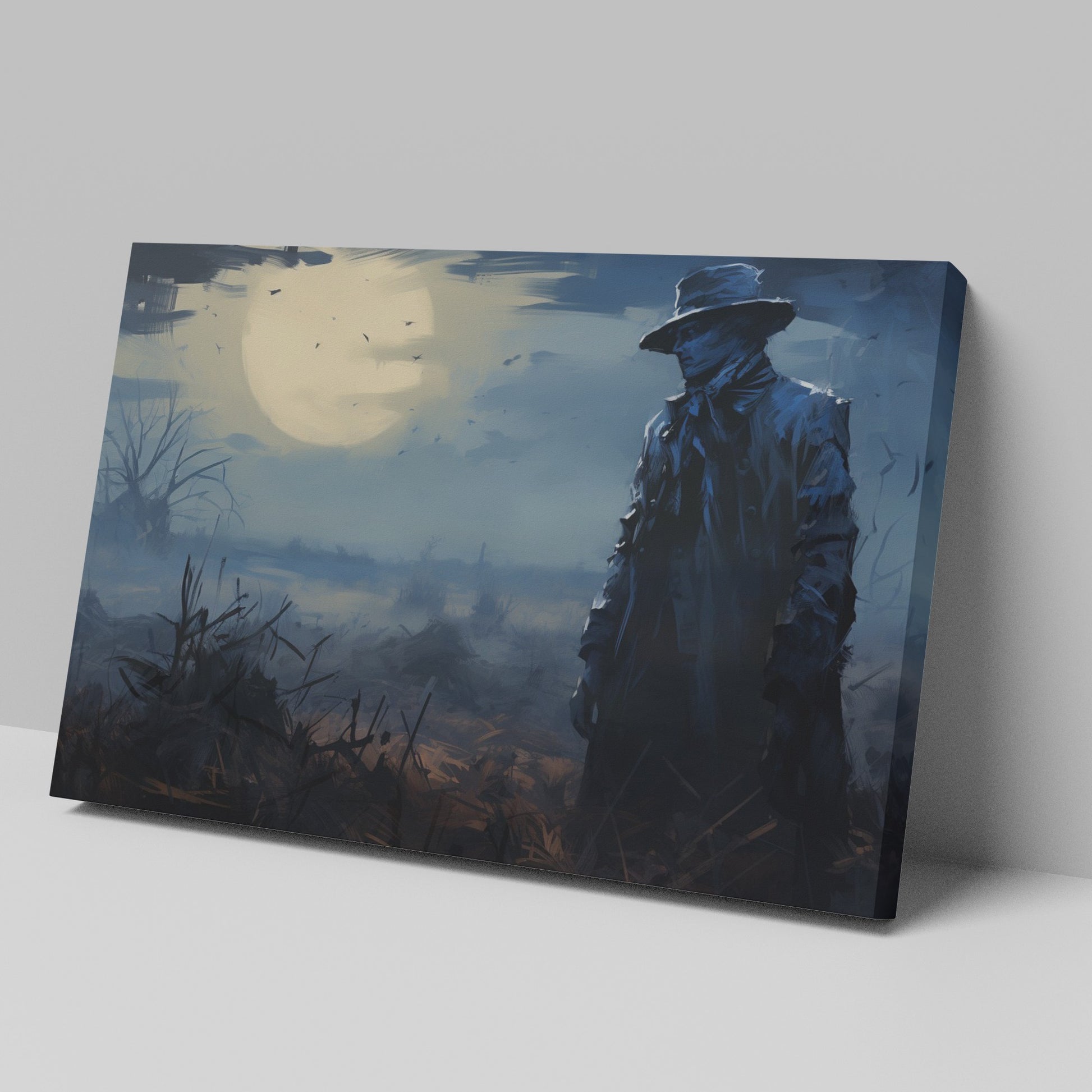 Framed canvas print of a mysterious figure under a moonlit, bird-strewn sky within a dramatic landscape