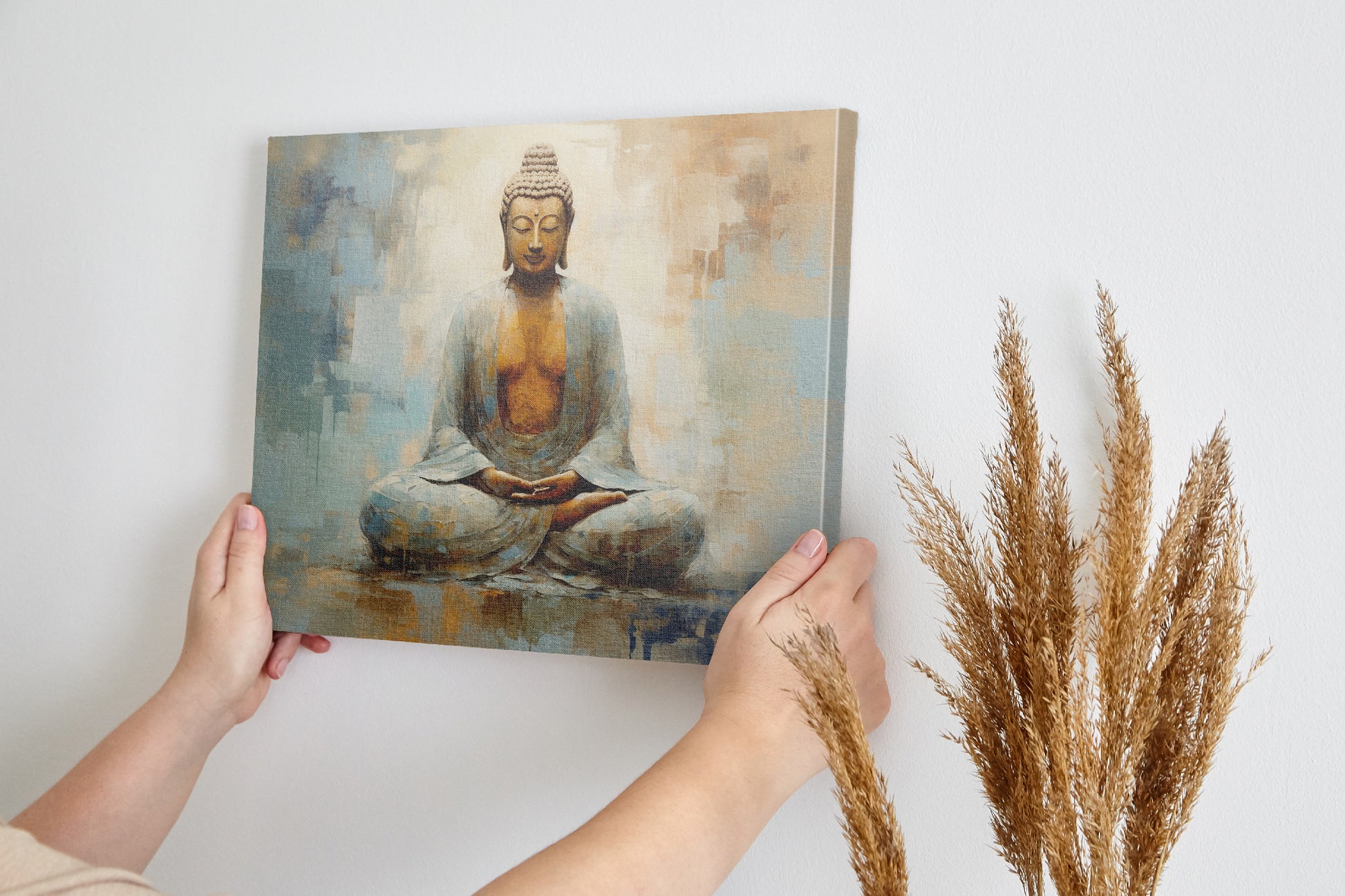 Framed canvas print of a serene Buddha in meditation with abstract elements and warm colour palette