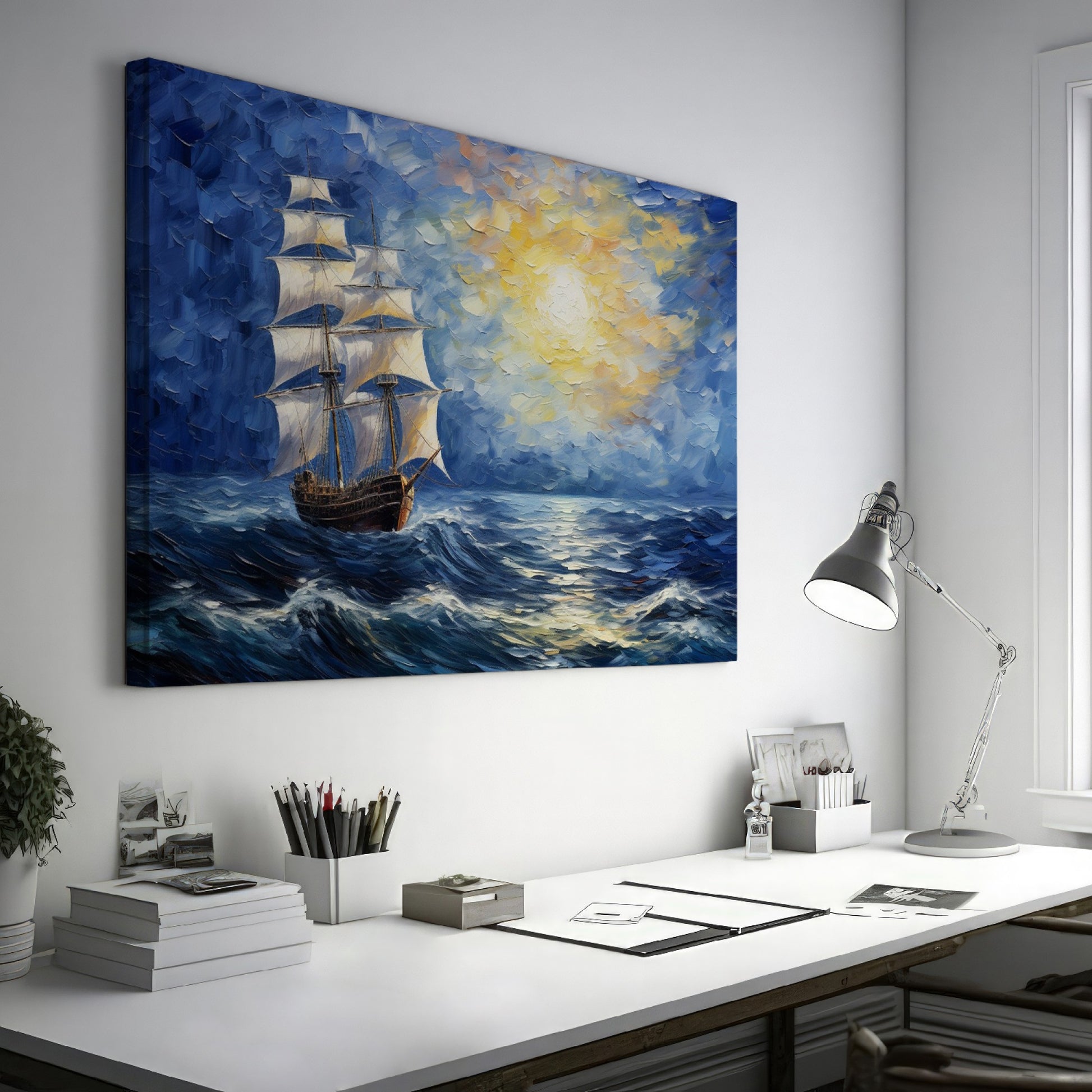 Framed canvas print of a historic sailing ship at sunset with a vibrant seascape