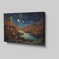 Framed canvas print of a moonlit fantasy cityscape with vibrant colours and a starry night sky