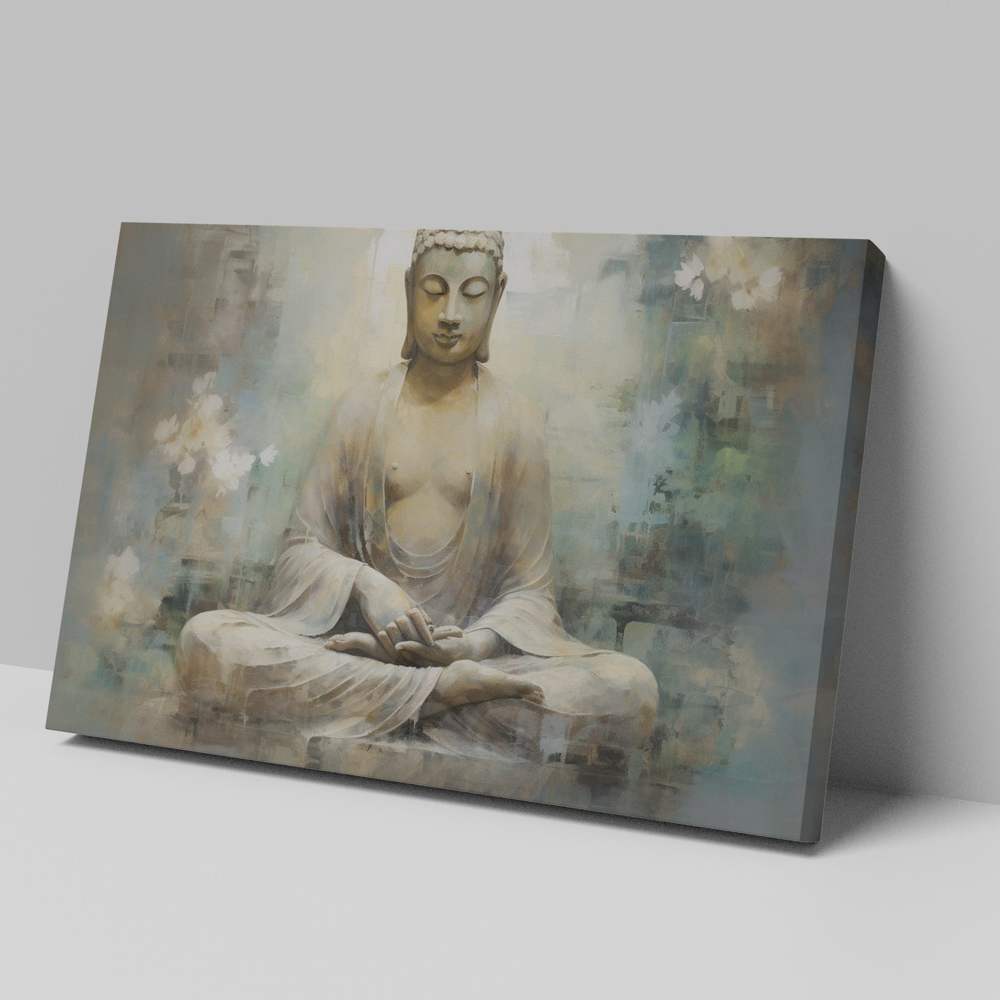 Framed canvas print of a serene Buddha in meditation with ethereal blue and earthy tones