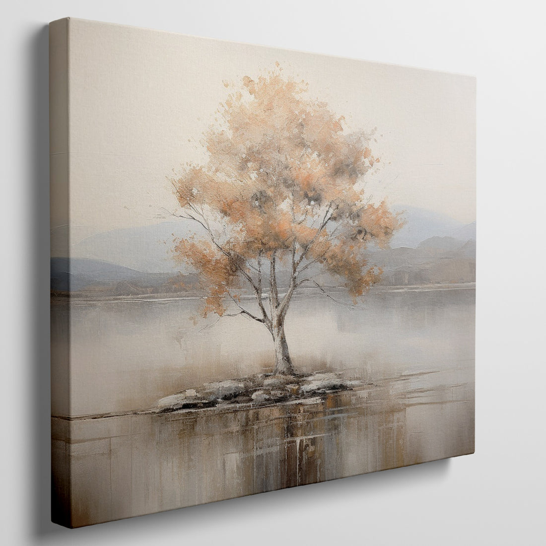 Framed canvas print of a solitary tree with autumn leaves reflected on a calm lake with warm beige, gold, and white tones