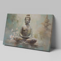 Framed canvas print of serene Buddha in meditation with pastel colours and cherry blossoms