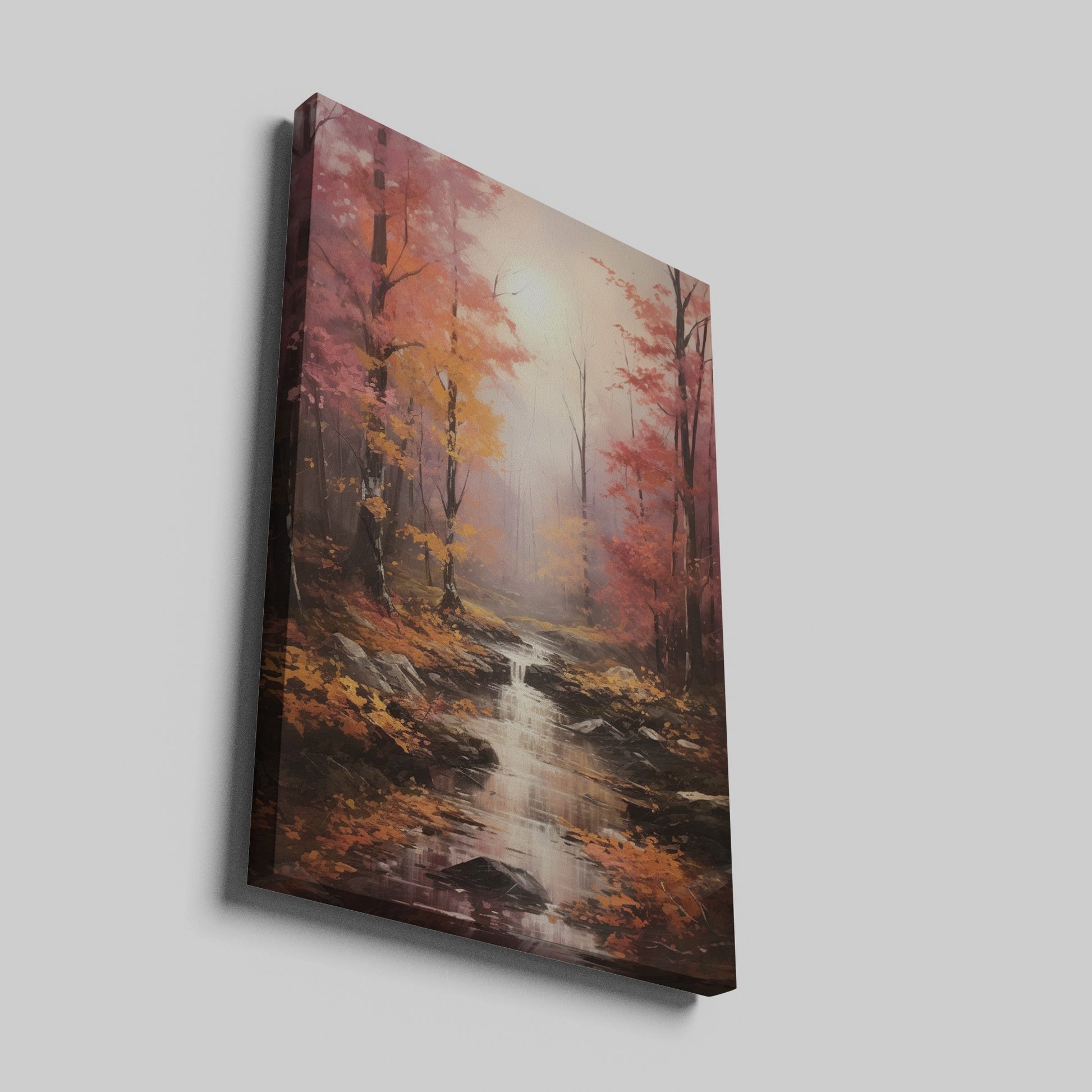 Framed canvas print of an autumn forest with a waterfall and misty atmosphere