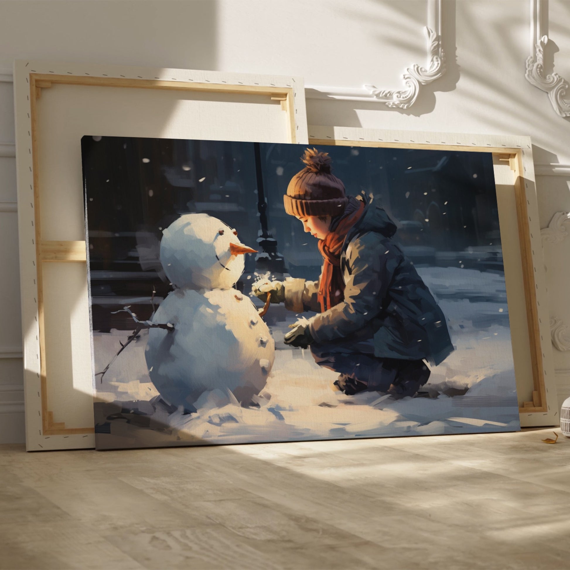 Framed canvas print of a child building a snowman on a snowy city evening