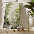 Framed canvas print of a tranquil bamboo forest with a gentle waterfall in misty surroundings