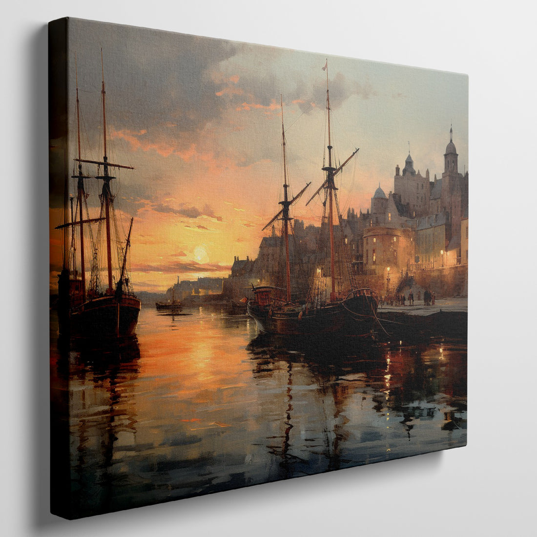 Framed canvas print of a sunset over a historic harbour with vintage ships