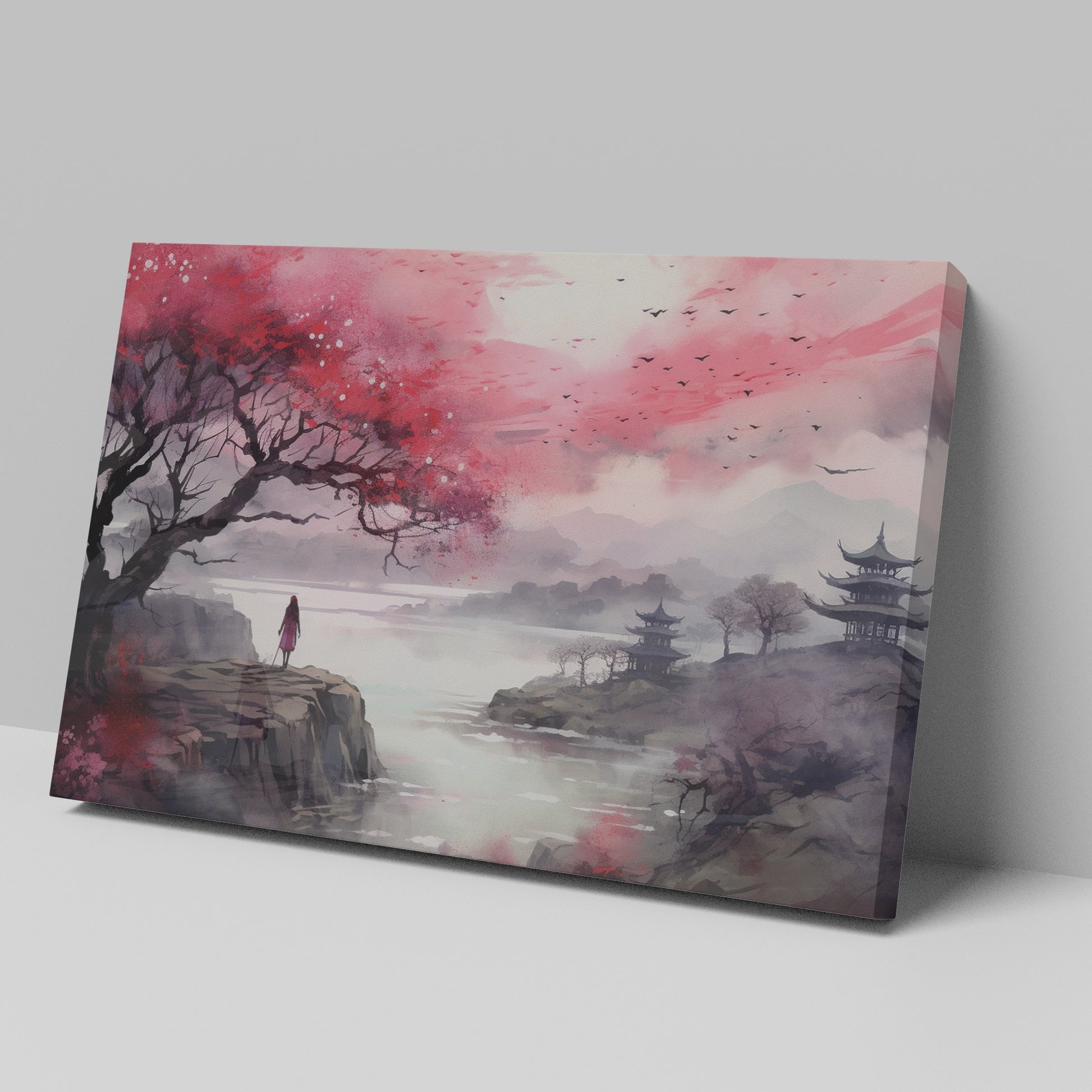 Framed canvas print of an oriental landscape with cherry blossoms, pagodas, and a silhouette of a person