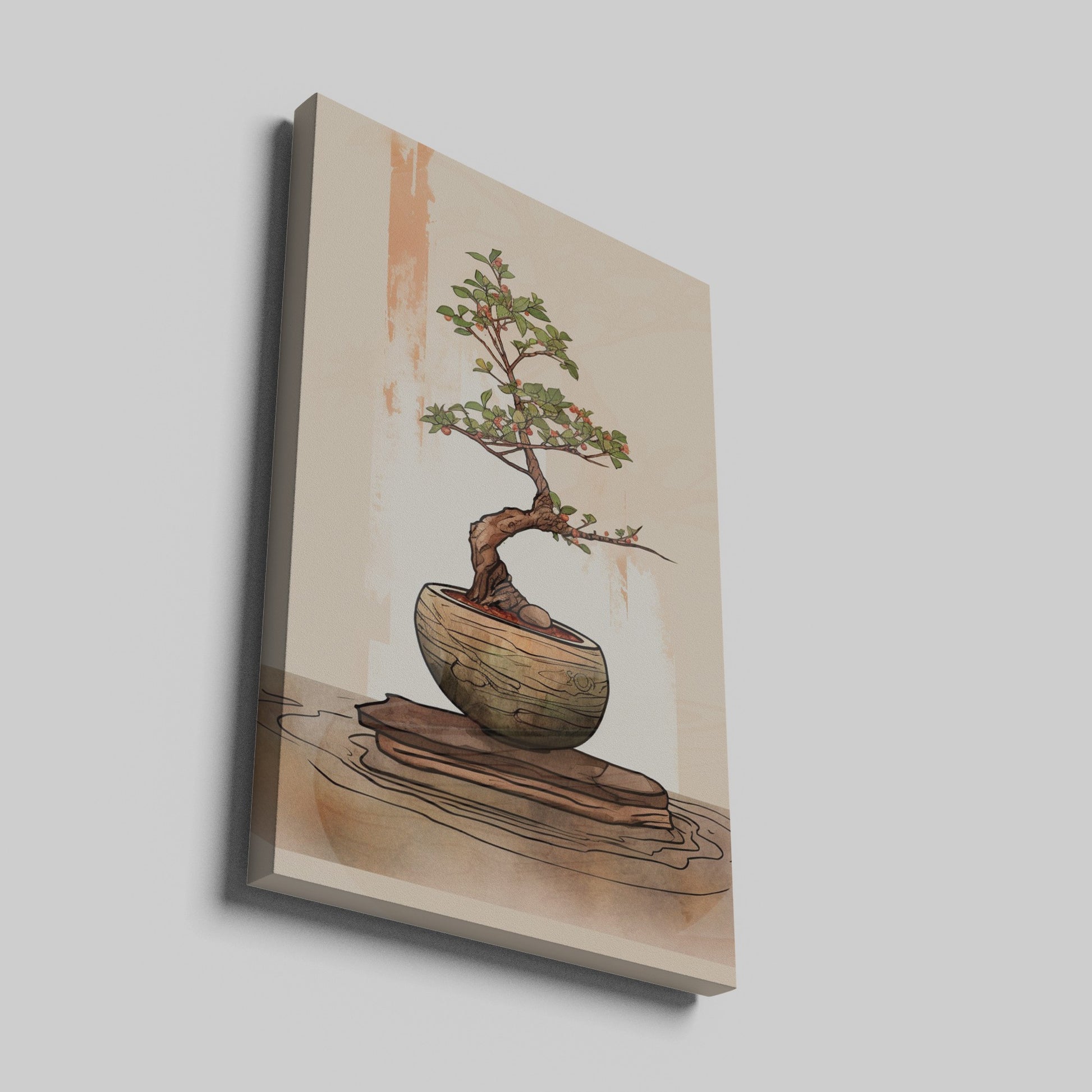 Illustrated bonsai tree with green foliage in a brown bowl on a beige background