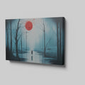 Framed canvas print of a mysterious blue forest with a vibrant red moon and a lone silhouette reflected on the water