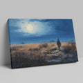 Framed canvas print of a digital painting featuring a cowboy silhouette against a vibrant sunset landscape