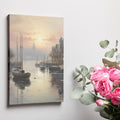 Framed canvas print of serene harbour with sunset, reflective water and sailing boats