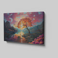 Framed canvas print of a vibrant autumnal landscape with sunset, serene lake, and colourful tree