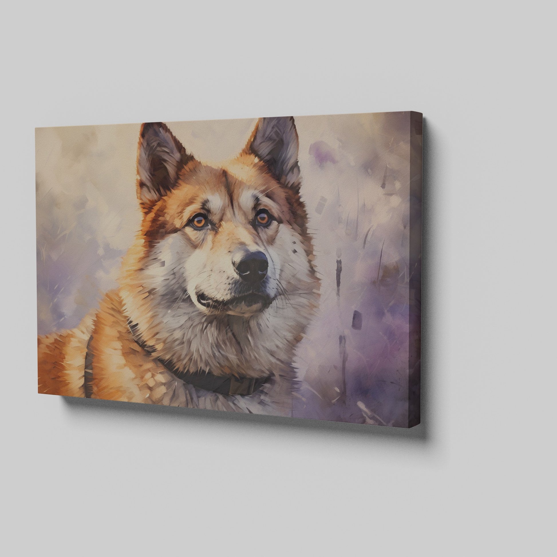 Framed canvas print of a detailed and textured digital painting of a majestic dog in warm colours