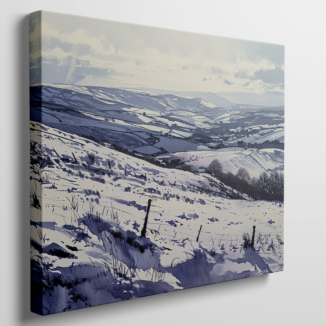 Framed canvas print of a snowy countryside landscape with rolling hills in cool blue tones