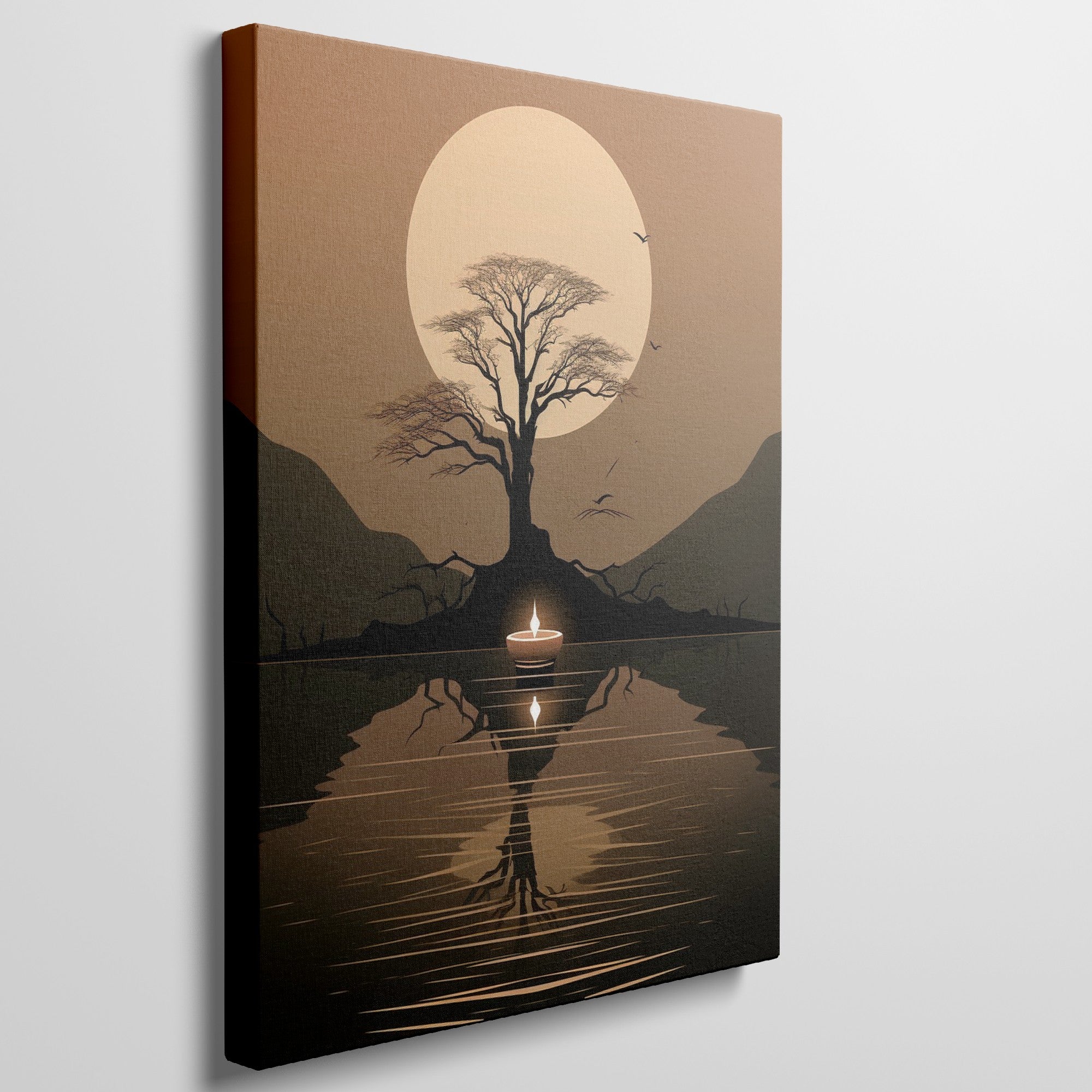 Framed canvas print of African sunset with large sun, tree silhouette, and candle reflection