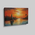 Framed canvas print of a vibrant impressionist sailboat against an orange hued sunset